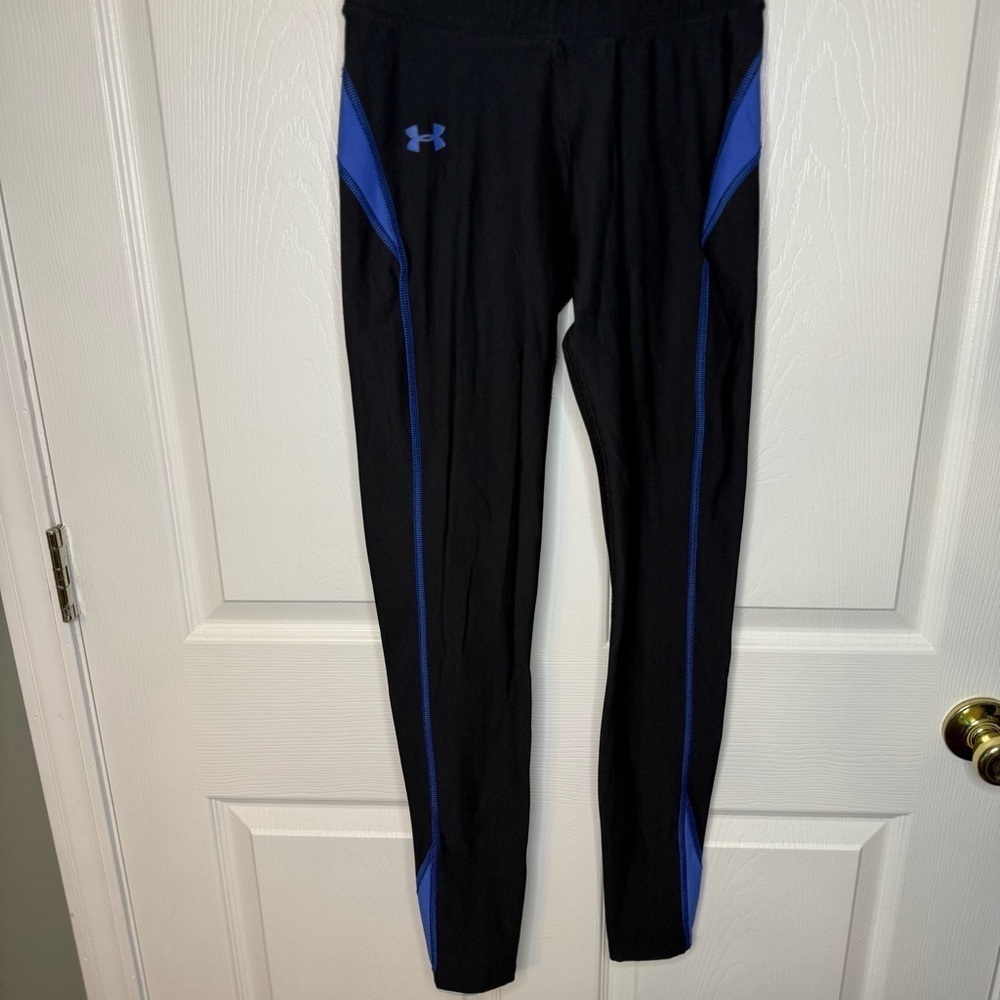 Under Armour Coldgear Black Leggings Blue Trim Running Tights Size Medium GUC